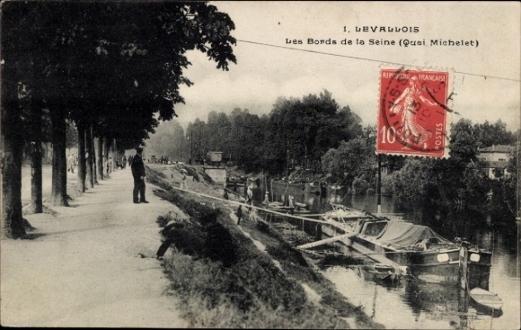 KP Levallois Perret Hauts de Seine, Seine, Quai Michelet, łodzie, ludzie, stempel pocztowy