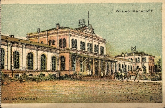 Artist Postcard Vilnius Wilna Wilno Lithuania, railway station