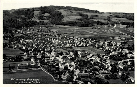 Postcard Peissenberg Peißenberg in Upper Bavaria, aerial photograph of Upper Bavaria, landscape with houses