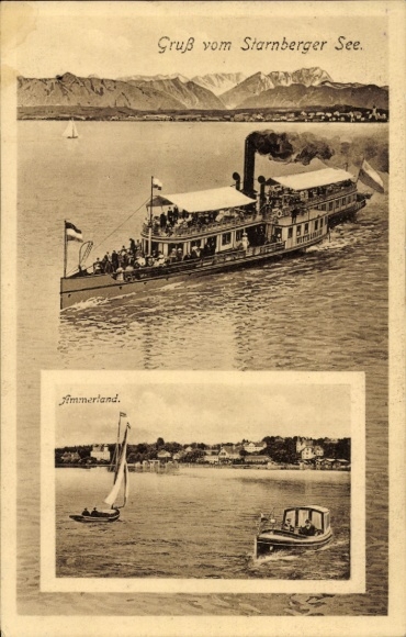 Postcard Ammerland Münsing on Lake Starnberg, Upper Bavaria, general view, steamship