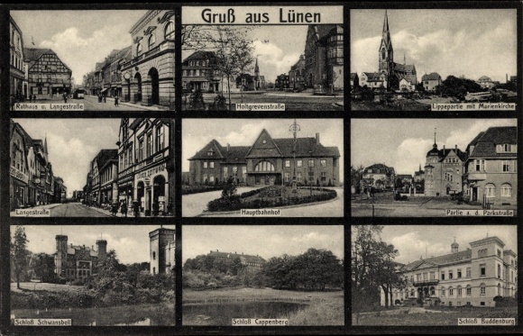 Postcard Lünen in Westphalia, Schwansbell Castle, Main Station, Cappenberg Castle, Town Hall, Langestraße