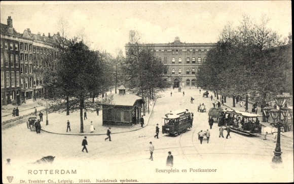 Postcard Rotterdam South Holland Netherlands, Beursplein and Post Office, tram