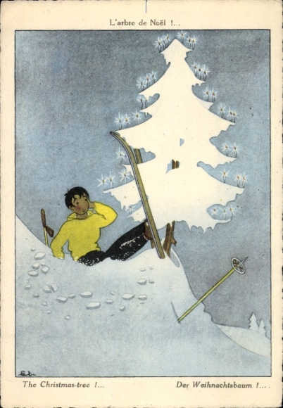 Artist Postcard Christmas, Christmas tree, skier