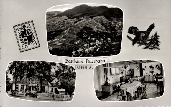Postcard Affental Bühl in Baden, aerial photograph, Gasthaus Zum Auerhahn, coat of arms