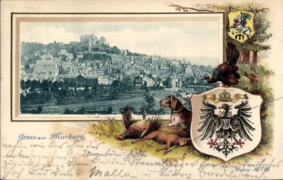Embossed passepartout coat of arms Postcard Marburg an der Lahn, general view