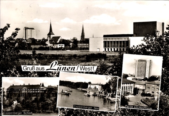 Postcard Lünen in North Rhine Westphalia, partial view, Cappenberger Castle, lakeside, high-rise building