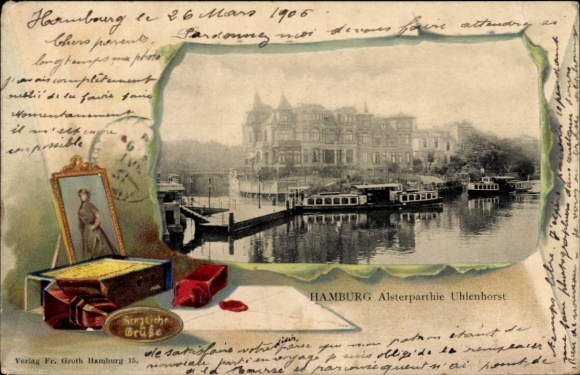 Embossed passepartout PC Hamburg North Uhlenhorst, on the Alster, letter, sealing wax