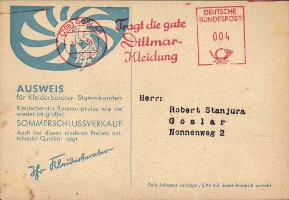 Ak Goslar, Ausweis für Kleiderberater-Stammkunden, Kleiderberater Ewald Dittmar, Marktstraße 30