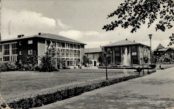 Postcard Lünen in Westphalia, public baths, Astoria Lichtspiele, buildings, waterfalls, park, trees