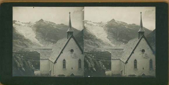 Stereo Foto Gletsch Obergoms Kt. Wallis Schweiz, Rhone Gletscher, Kapelle, 1908