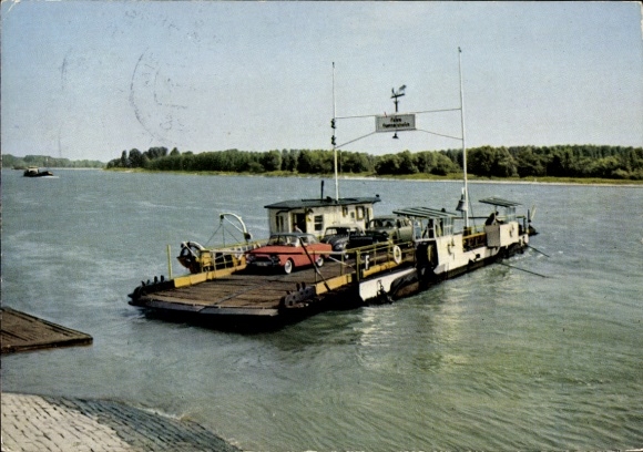 Postcard Germersheim Rhine, Rhine ferry, car ferry docks