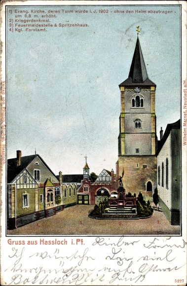 Ak Haßloch in de wijk Bad Dürkheim, kerk, oorlogsmonument, brandmeldpunt, brandweerkazerne, bosbouwkantoor
