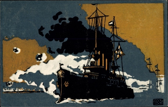 Kunstenaarskaart Scholz, Adolf, Duits oorlogsschip op zee, collectie Duitse Rode Kruis
