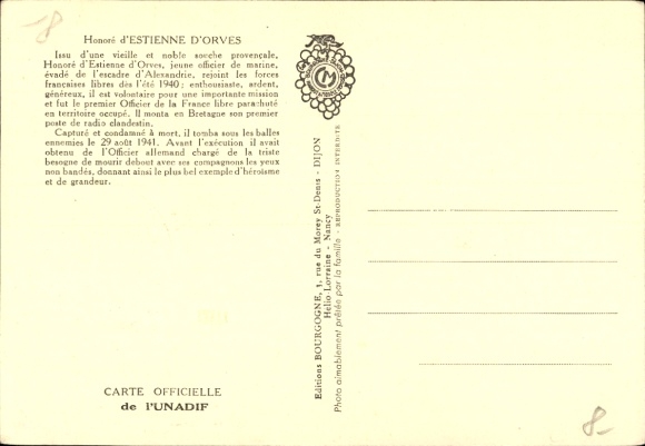 Maximum Postcard Honoré by Estienne d'Orves, hero of the Resistance, first day May 18, 1957, Paris