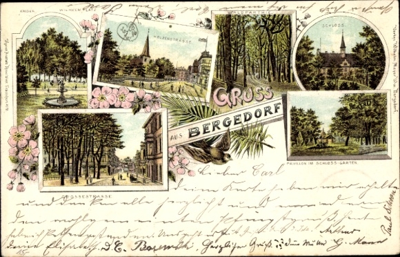 Chromo-Litho Hamburg Bergedorf, Holzenstrasse, Großestrasse, castle, Kaiser-Wilhelm-Platz