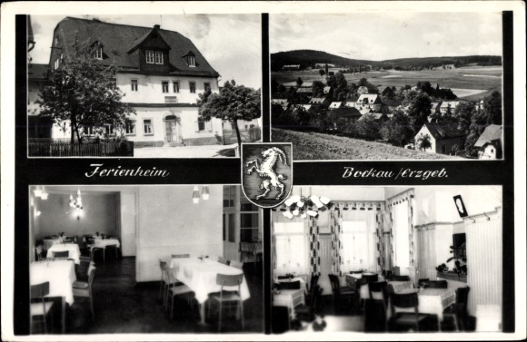 Postcard Bockau in the Ore Mountains, coat of arms, holiday home exterior view and interior view, village view