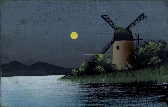 Hand Painted Moonlight Postcard Windmill, River, Night