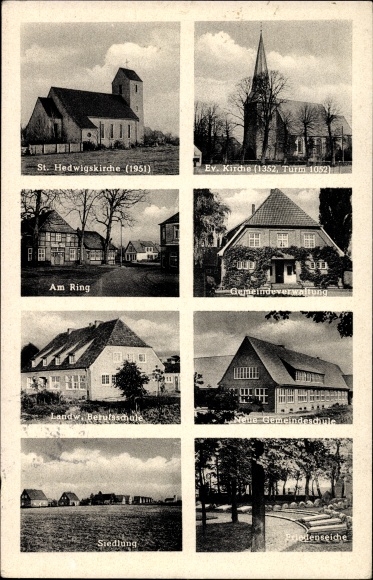 Postcard Ganderkesee in Lower Saxony, church, municipal administration, vocational school, Friedenseiche, settlement