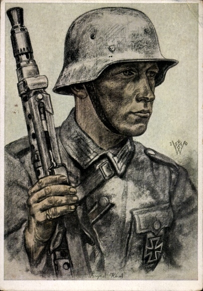 Kunstenaar Ak Willrich, Wolfgang, Een motorrijder, machinegeweer, stalen helm, VDA P 1 R 9 nr. 3
