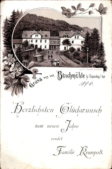 Chromo-Litho Buschmühle Schmiedeberg Dippoldiswalde in the Eastern Ore Mountains, inn, New Year's greetings