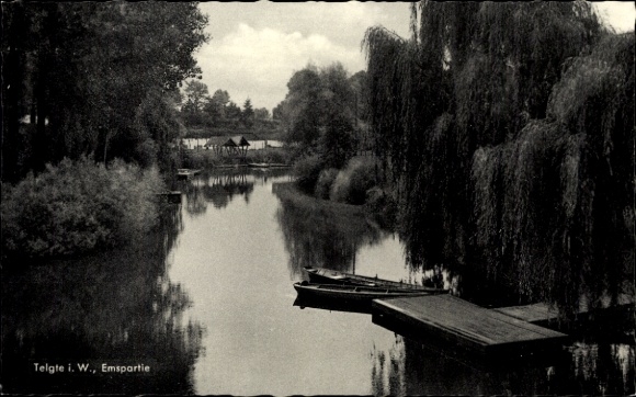 Ansichtkaart Telgte in Westfalen, Eems, steiger, roeiboot