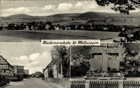Postcard Niedervorschütz Felsberg, total, war memorial