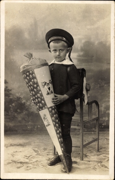 Photo Postcard Boy with Candy Cone, Standing Portrait, Sailor Suit