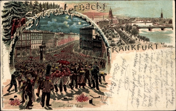Winter Chromo-Litho Frankfurt am Main, Happy New Year, Auf der Zeil, city view, bridge, New Year's Eve