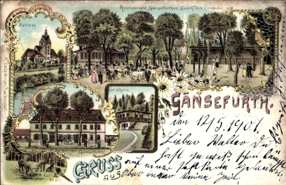 Chromo-Litho Gänsefurth Hecklingen in the Salzlandkreis, castle, restaurant Gänsefurther Busch, forester's house