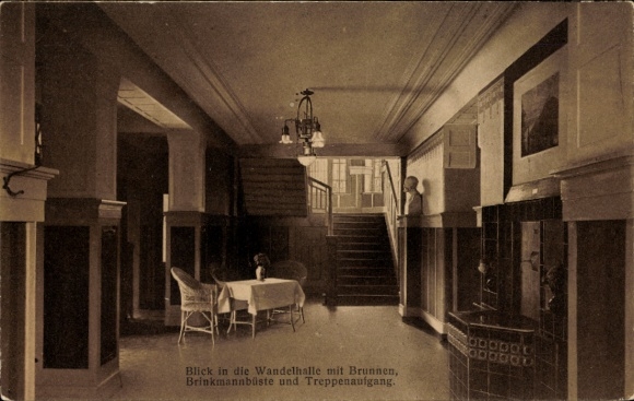 Postcard Sondershausen in the Kyffhäuserkreis Thuringia, foyer with fountain, Brinkmann bust, staircase