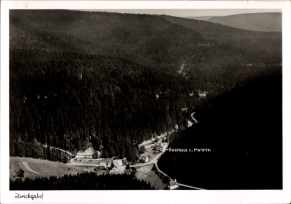 Ak Zwickgabel Baiersbronn im Schwarzwald, Landschaftsaufnahme mit Gasthaus z. Mohren, bewaldete B