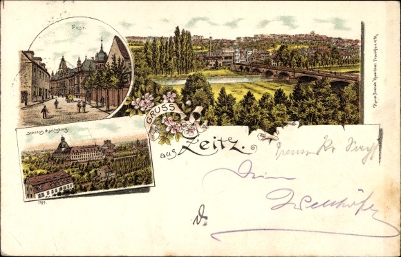 Litho Zeitz an der Weißen Elster im Burgenlandkreis, Panorama, Post, Schloss Moritzburg