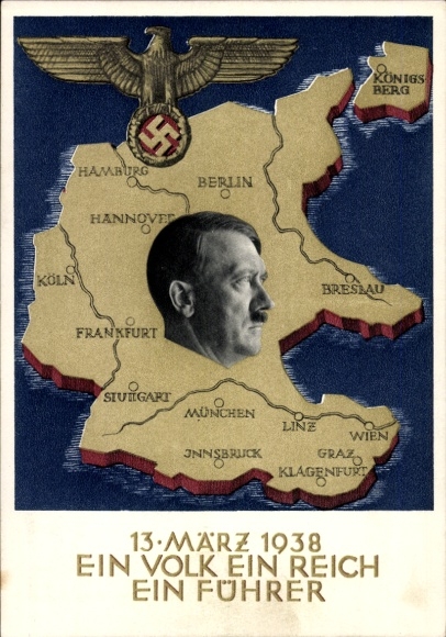 Postal stationery Postcard Klein, One people, one empire, one leader, Anschluss of Austria 1938, Greater Germany
