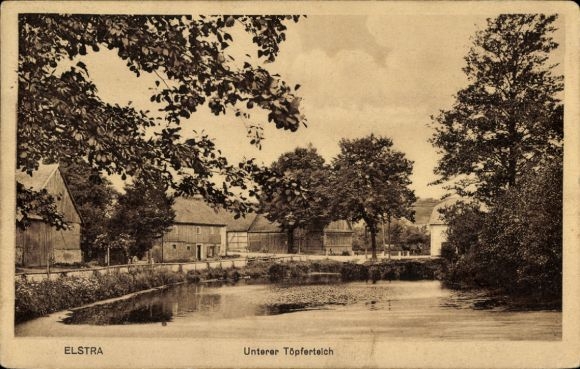Postcard Elstra in Upper Lusatia Saxony, sight on the water, buildings, trees, landscape