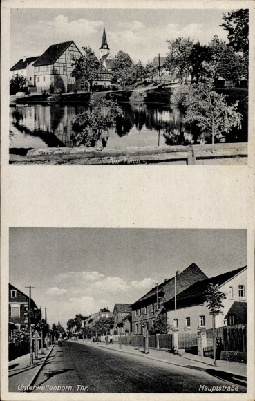 Postcard Unterwellenborn in Thuringia, beautiful landscape, church, quiet lake, main street, architecture