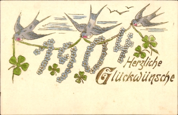 PC Happy New Year, cloverleaf, year 1904, swallows