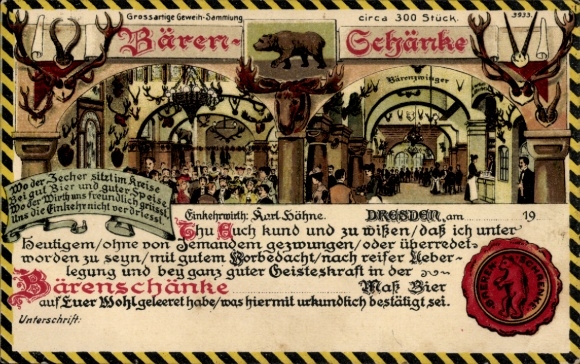 Chromo-Litho Dresden, antler collection from the Bärenschänke, landlord Karl Höhne, seal