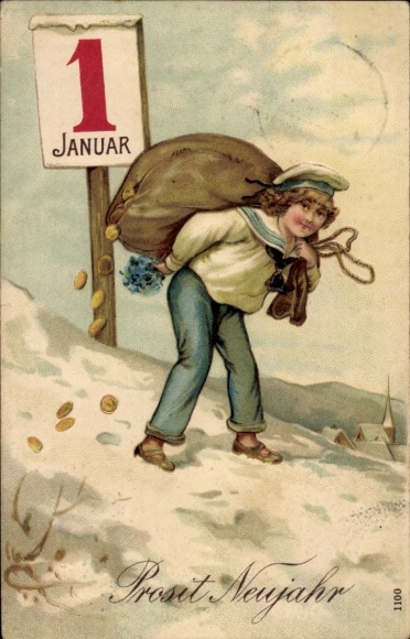 Postcard New Year, boy in sailor suit carrying sack full of coins, calendar 1 January