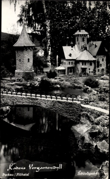 Ak Pockau im Erzgebirge Sachsen, Kadens Vorgartenidyll, Schloss Hohenfels mit Bergfried, Modellbau