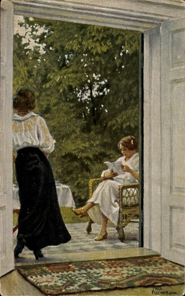 Artist Postcard Fischer, P., Summertime, Woman Reading