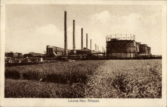 Ak Neu Rössen Leuna an der Saale, Industrieanlage, hohe Schornsteine, Weizenfeld im Vordergrund