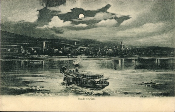 Ak Rüdesheim am Rhein, Schiff auf dem Wasser,  Mond, Landschaft