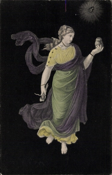 Postcard woman with owl on her hand, allegory time of day