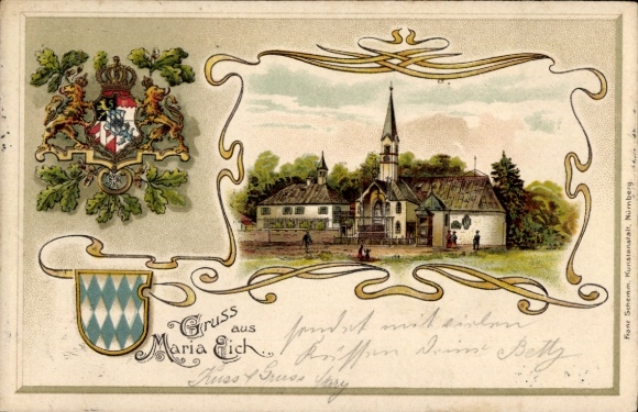 Embossed passepartout coat of arms Chromo-Litho Planegg Upper Bavaria, pilgrimage church Maria Eich