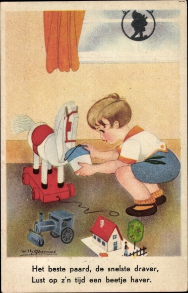 Artist PC Schermele, Willy, boy feeds a toy horse