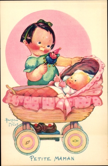 Artist Postcard Mallet, Beatrice, Petite Maman, girl with rattle, baby, stroller