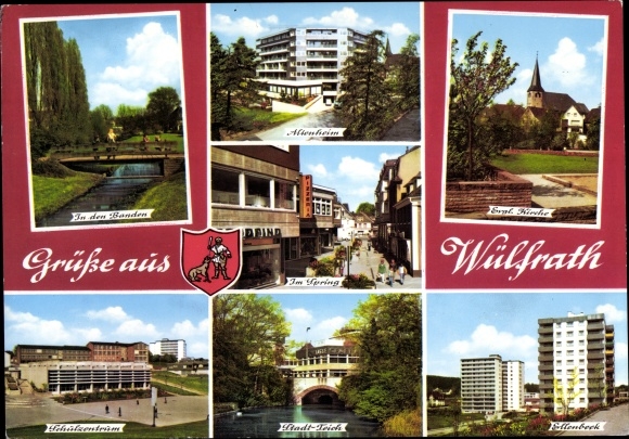 Postcard Wülfrath in the Bergisches Land, church, school center, in Spring, city pond, old people&#39;s home