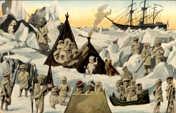Artist Postcard Children in the Ice as Natives, Sailing Ship
