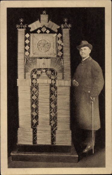 Postcard art clock made of straw, Aug. Lehrke, railwayman from Goslar Harz