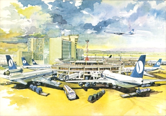 Postcard Brussels, Airport, Sabena, passenger aircraft, Boeing 707, 737, 747, DC 10